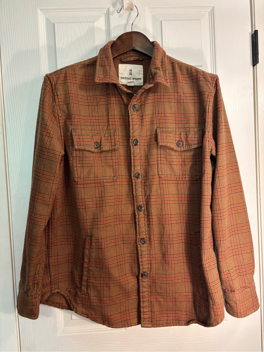 Men's Plaid Button-Down Shirt Jacket in Brown by Mutual Weave